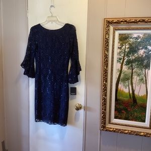 Navy Blue Sequins Lace Overlay Flared Bell Sleeve Dress Size 10